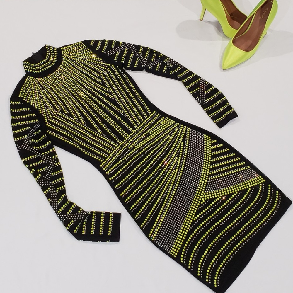 Black Dress with Neon Green Rhinestone Dress - Picture 4 of 4